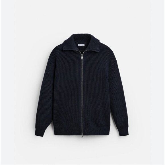 ZARA | Ribbed Sweater Cardigan Jacket Zip Up Wool Heavy Black Sz M - Picture 2 of 10